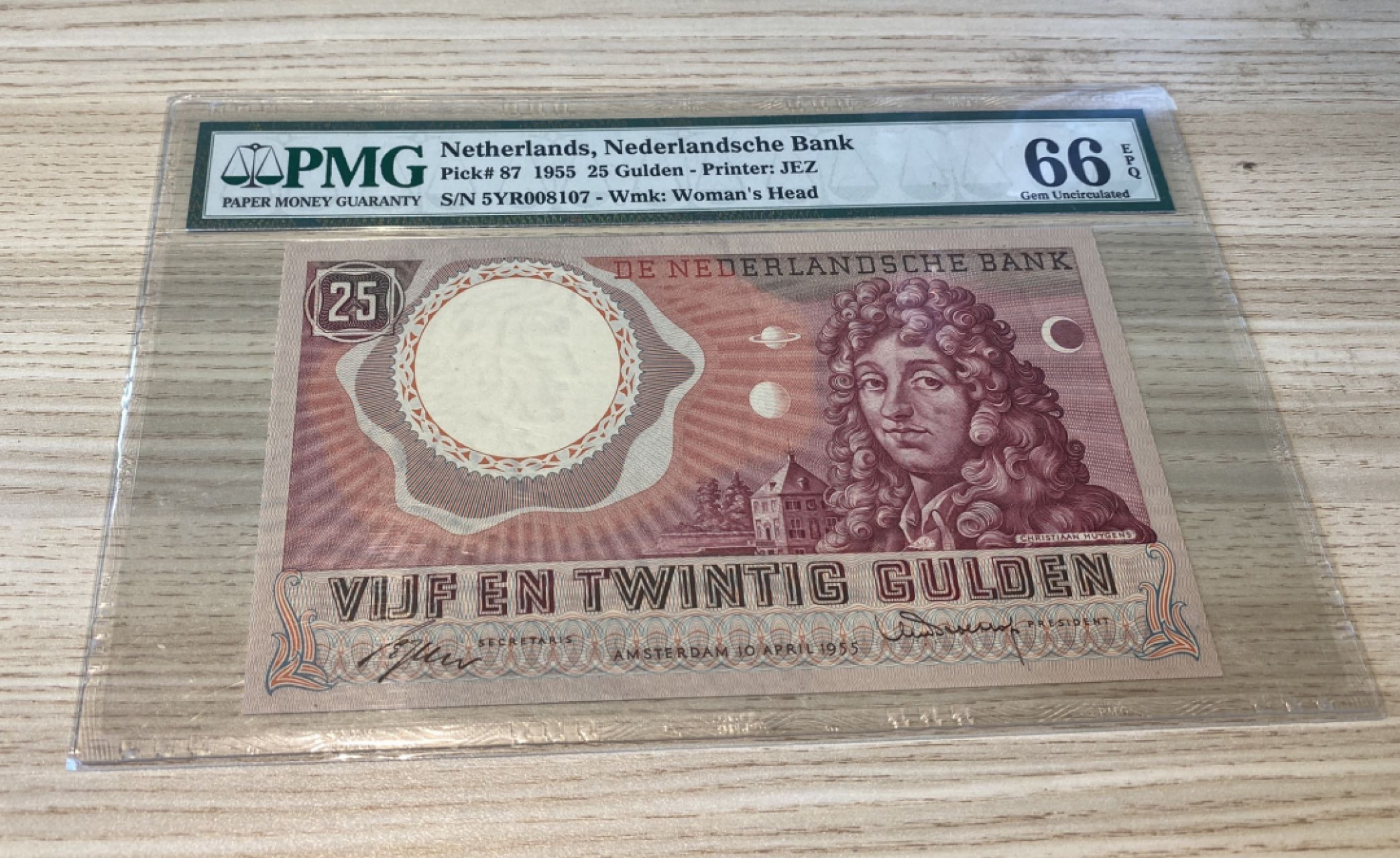 Chase Auction 第1期 - -世界纸币精萃 1955年荷兰25盾，PMG66分，科学家惠更斯！