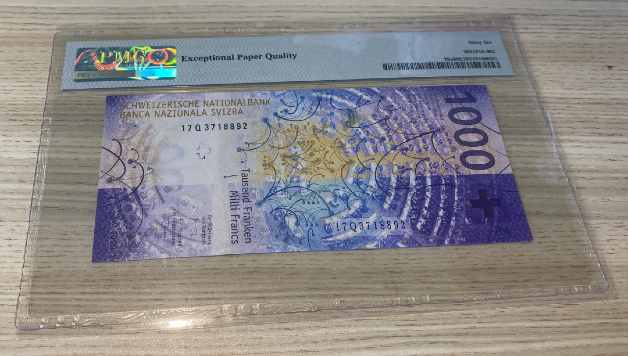 Chase Auction 第1期 - -世界纸币精萃 2017年瑞士1000法郎，PMG66分！科技含量最高的纸币！欧元区现今面额最大的纸币！500欧元大部分国家已停发！颇具收藏价值！主题是语言和交流！