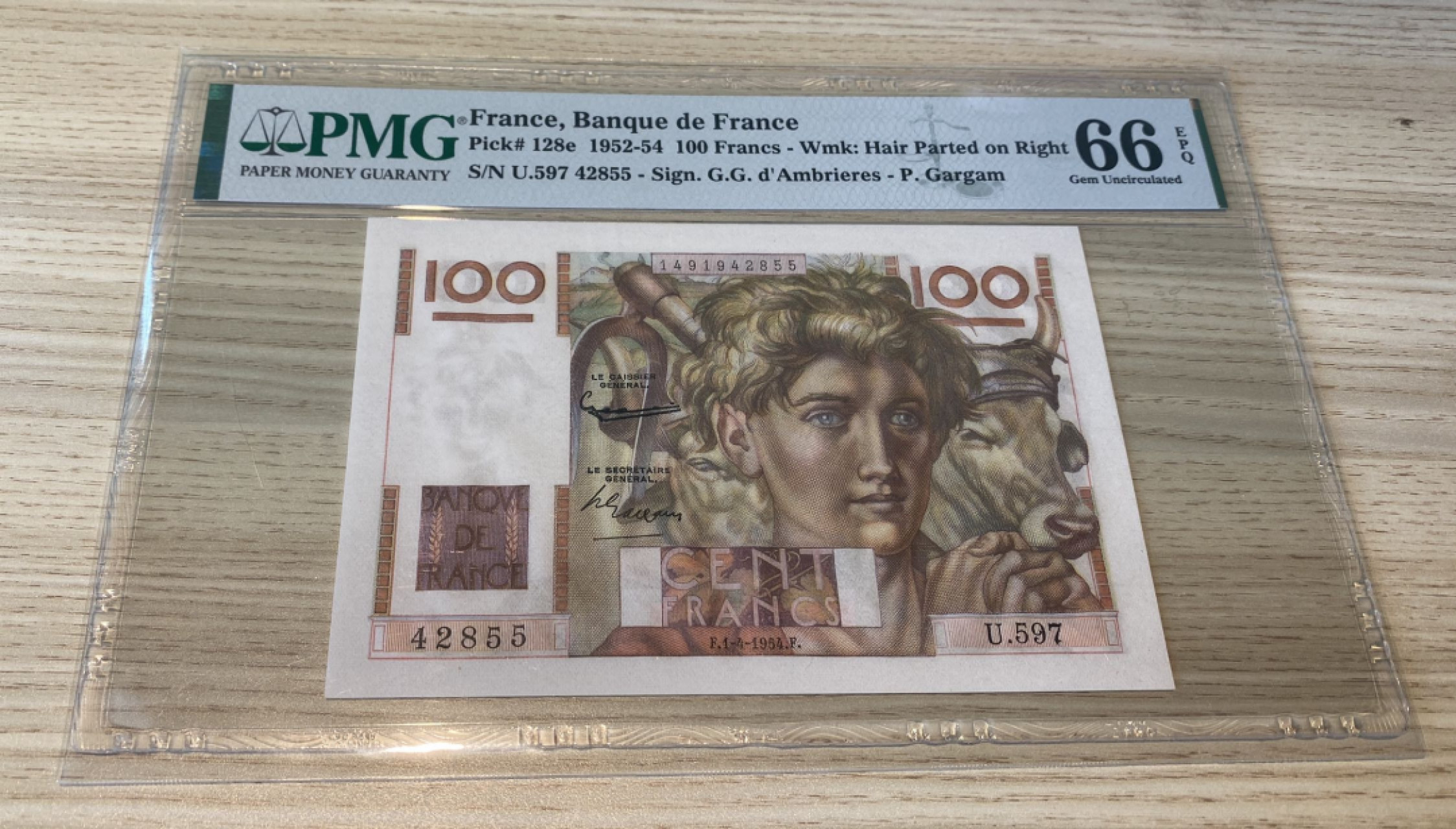 Chase Auction 第1期 - -世界纸币精萃 1952年法国100法郎，PMG66分，美女与牛！