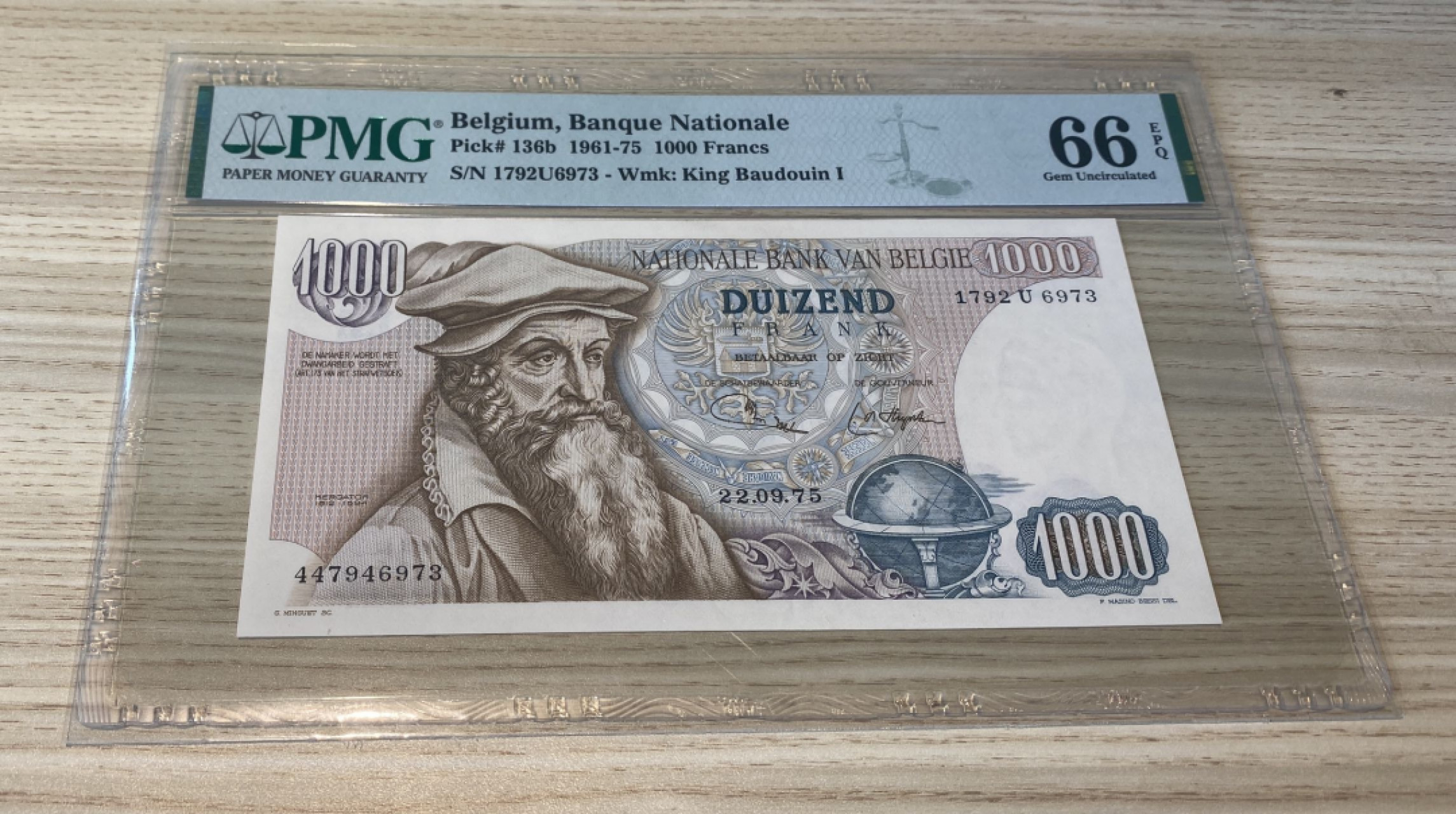 Chase Auction 第1期 - -世界纸币精萃 1961年比利时1000法郎，PMG66分，雕刻精美、大力神赫拉克勒斯，宙斯之子，被赫拉遗弃，雅典娜抚养长大，完成12伟业，稀少藏品！