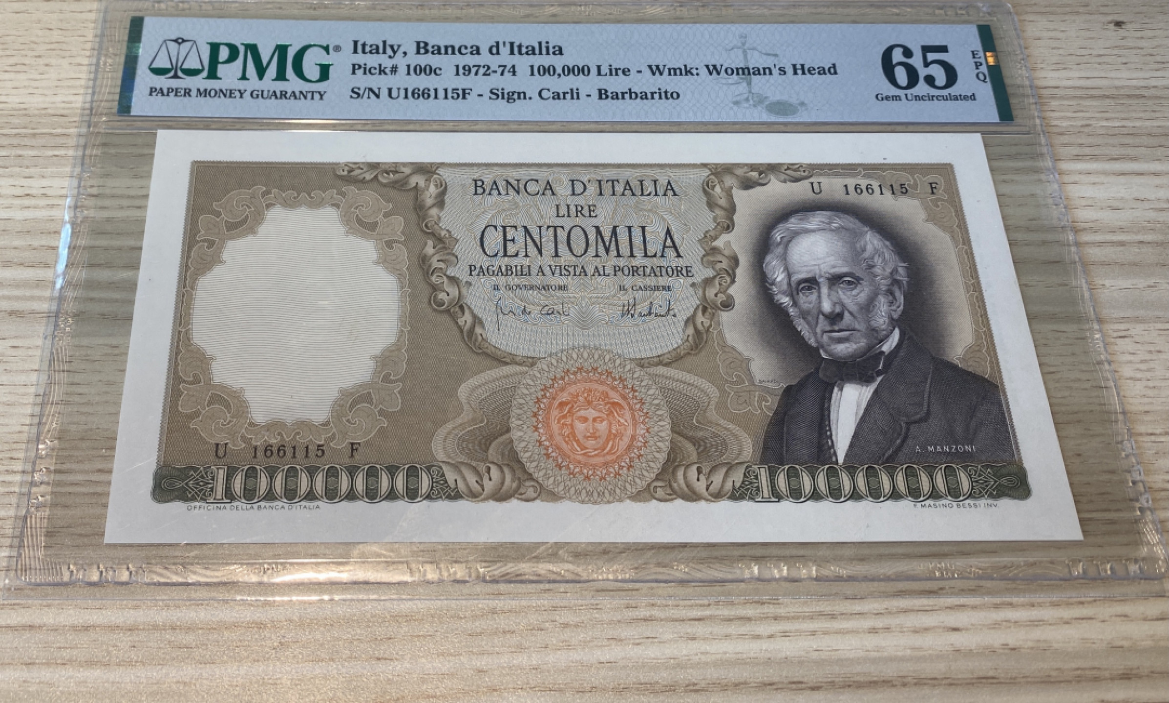 Chase Auction 第1期 - -世界纸币精萃 1972年意大利100000里拉，PMG65，名誉品曼佐尼，极致人像雕刻！经典中的经典！