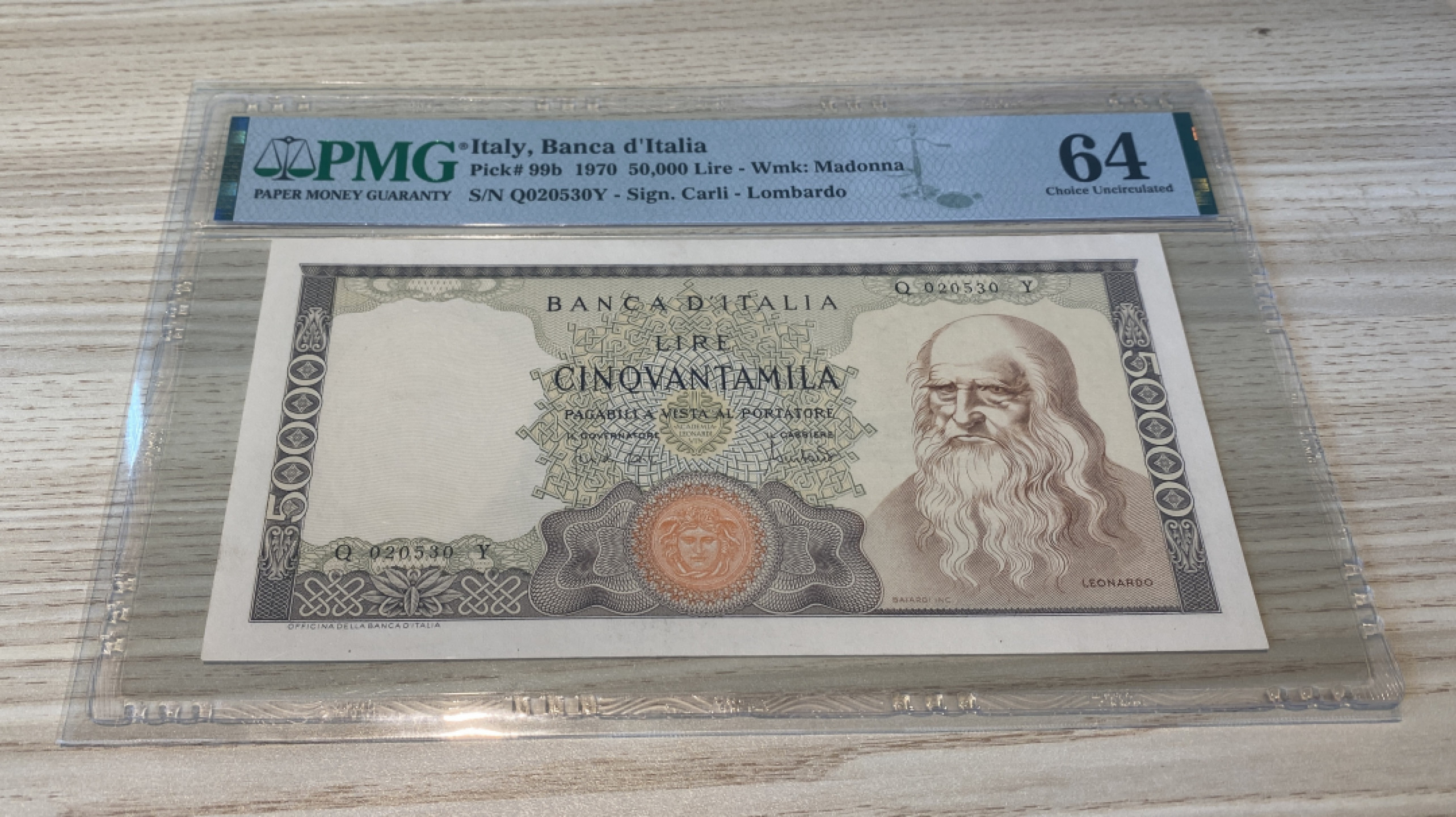 Chase Auction 第1期 - -世界纸币精萃 1970年50000里拉，PMG64，品相很好，可能b版凸凹弱低评，名誉品达芬奇！