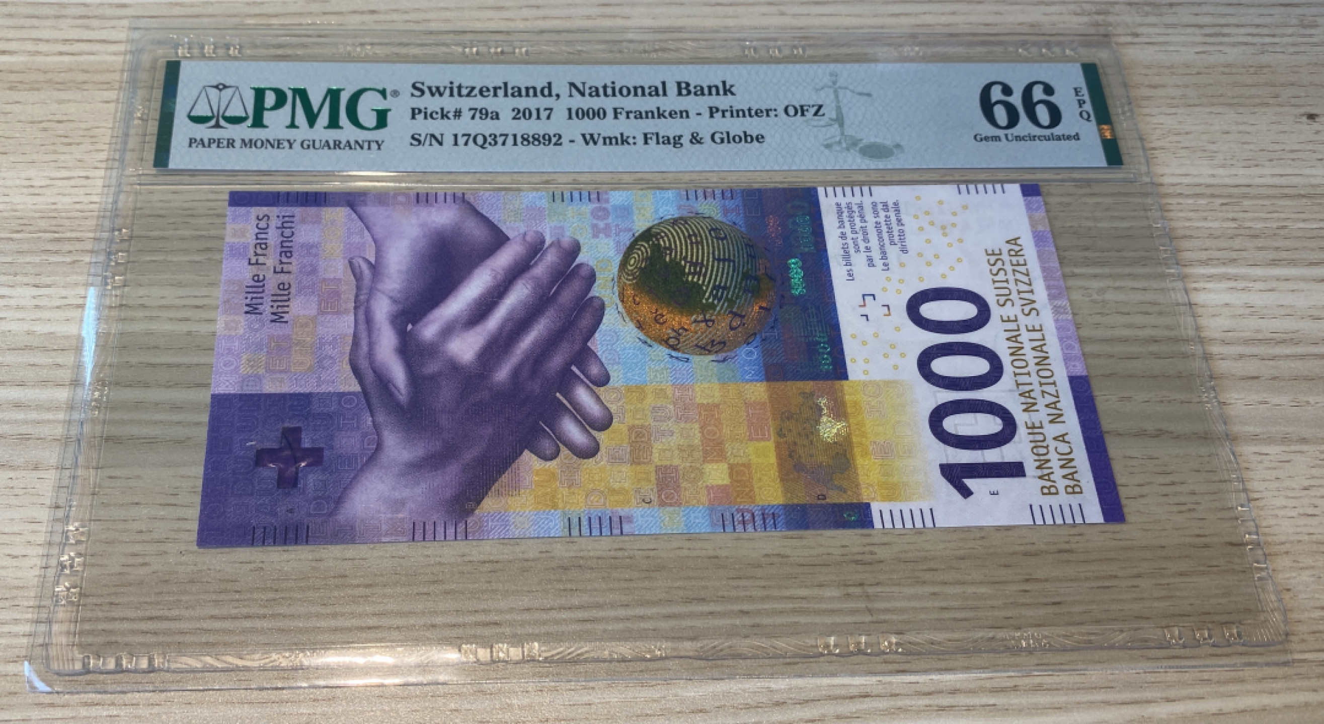 Chase Auction 第1期 - -世界纸币精萃 2017年瑞士1000法郎，PMG66分！科技含量最高的纸币！欧元区现今面额最大的纸币！500欧元大部分国家已停发！颇具收藏价值！主题是语言和交流！
