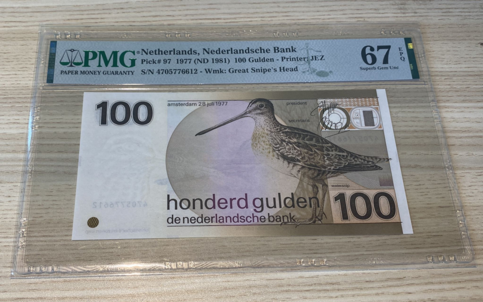 Chase Auction 第1期 - -世界纸币精萃 1981年荷兰100盾水鸟，PMG67分！