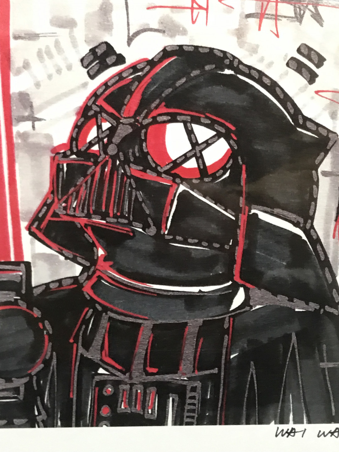 零元拍：歪歪亲笔签名 OWSON系列限量插画复制画《黑武士》，尺寸约22/22厘米，拍品不含镜框