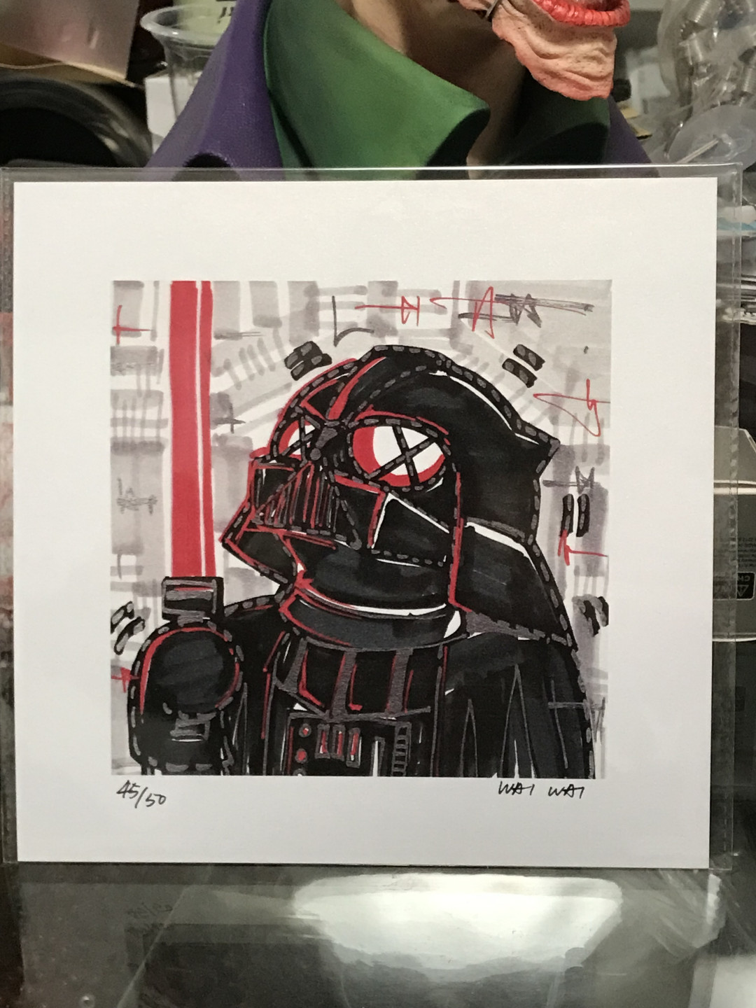 零元拍：歪歪亲笔签名 OWSON系列限量插画复制画《黑武士》，尺寸约22/22厘米，拍品不含镜框