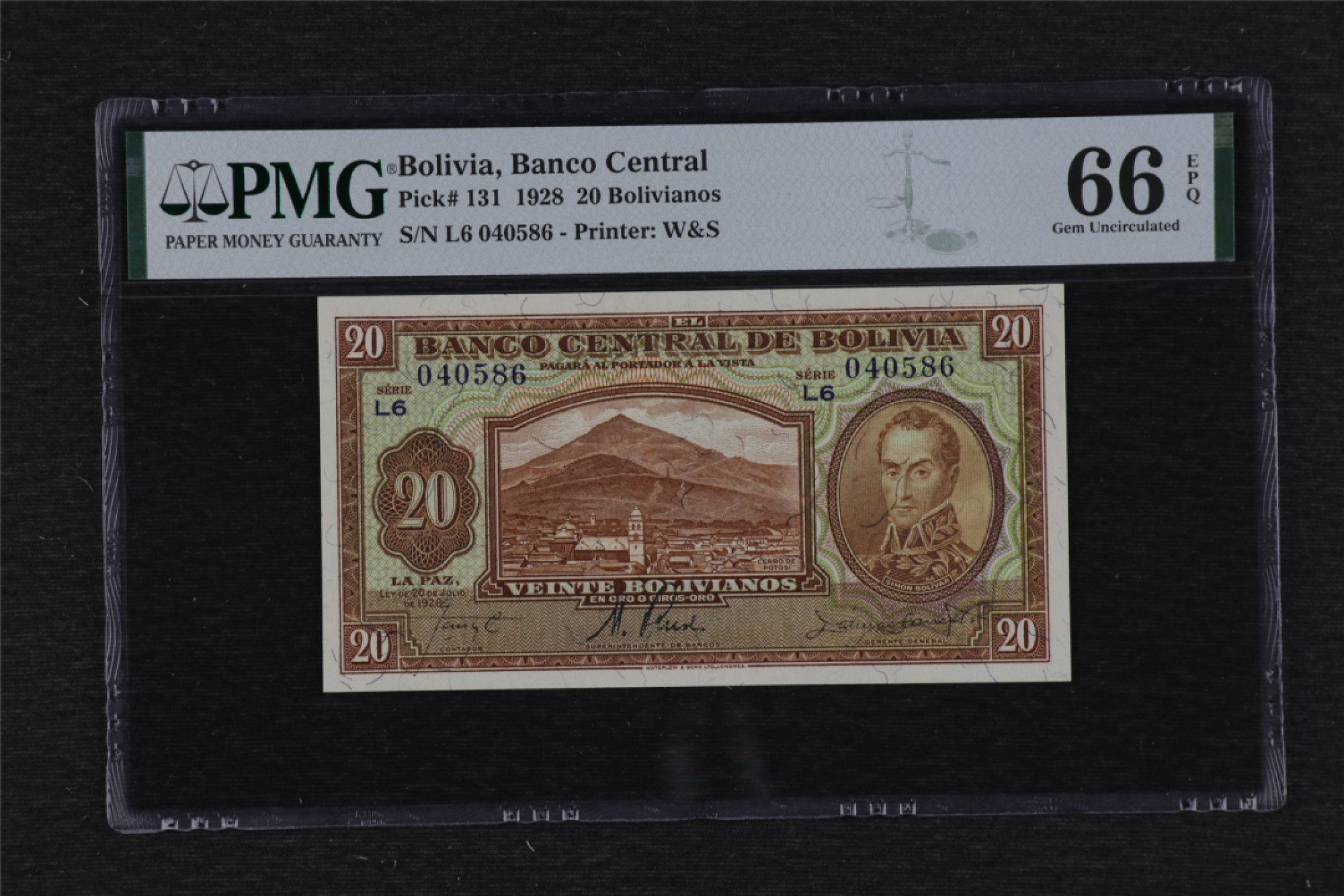 亘邦集藏 第102期-帝国余晖 1928年 玻利维亚20诺 PMG 66EPQ L6 040586