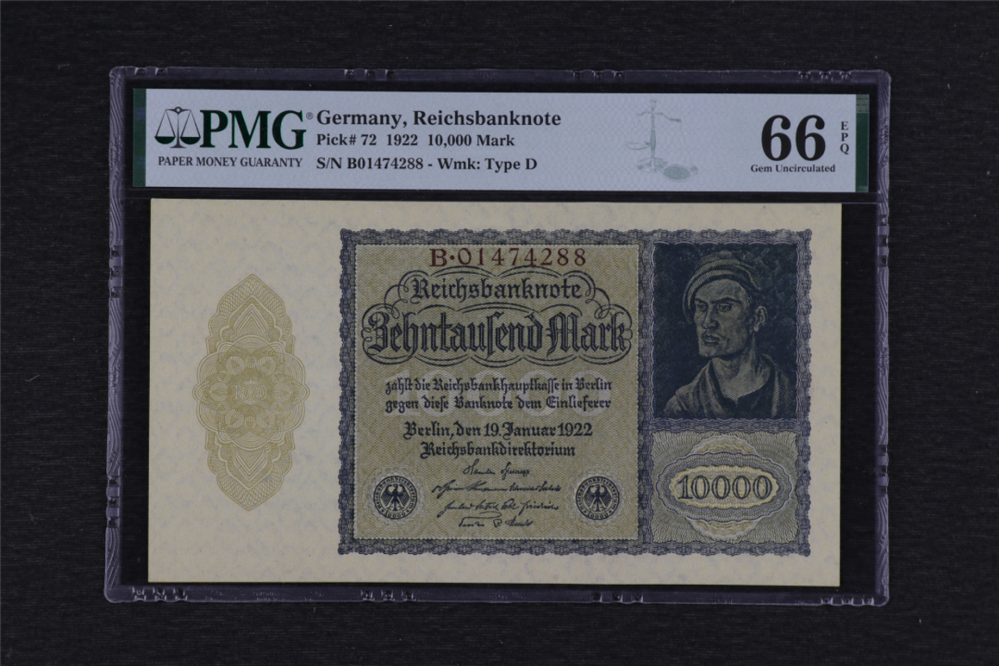 亘邦集藏 第102期-帝国余晖 1922年 德国10000马克 PMG 66EPQ B01474288