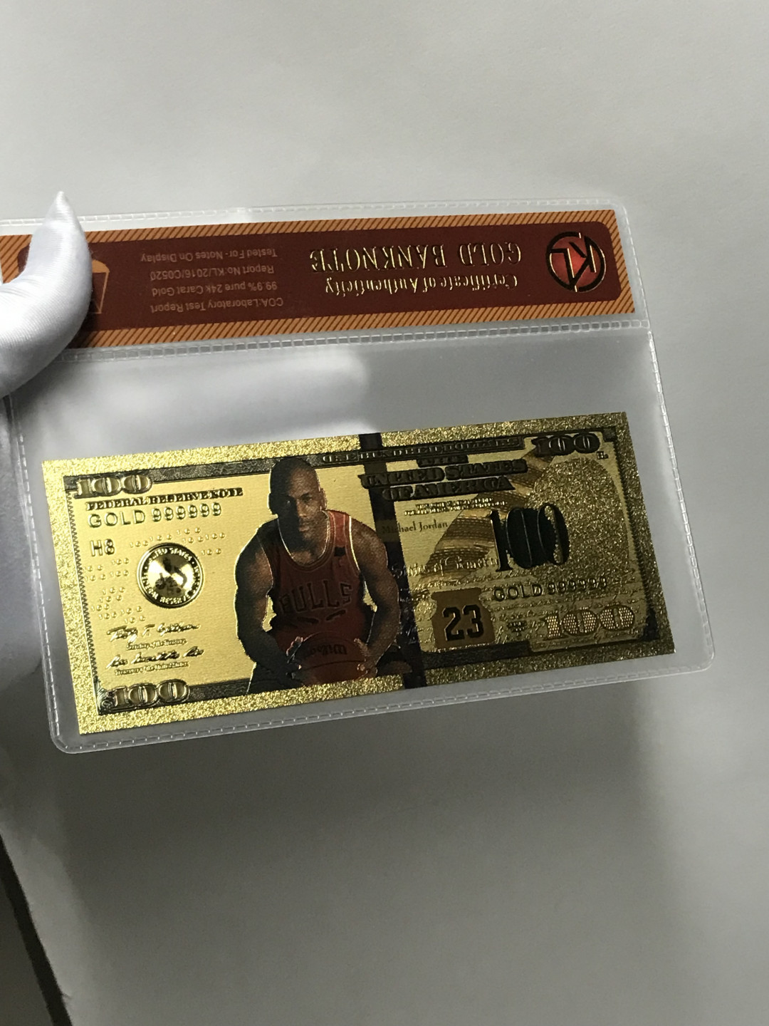 零元拍：乔丹 篮球之神 24K真金（镀金）面值$100美元美钞金面纪念品 GOLD BANKNOTE 带钱币封装膜认证 公牛选图 红色球衣版