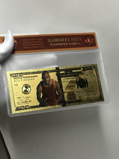 零元拍：乔丹 篮球之神 24K真金（镀金）面值$100美元美钞金面纪念品 GOLD BANKNOTE 带钱币封装膜认证 公牛选图 红色球衣版