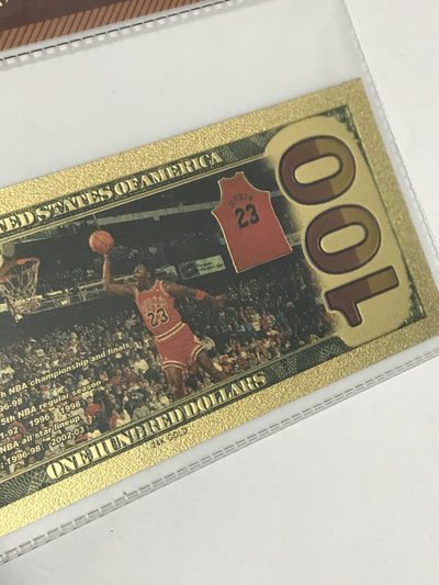 零元拍：乔丹 篮球之神 24K真金（镀金）面值$100美元美钞金面纪念品 GOLD BANKNOTE 带钱币封装膜认证 公牛选图 红色球衣版