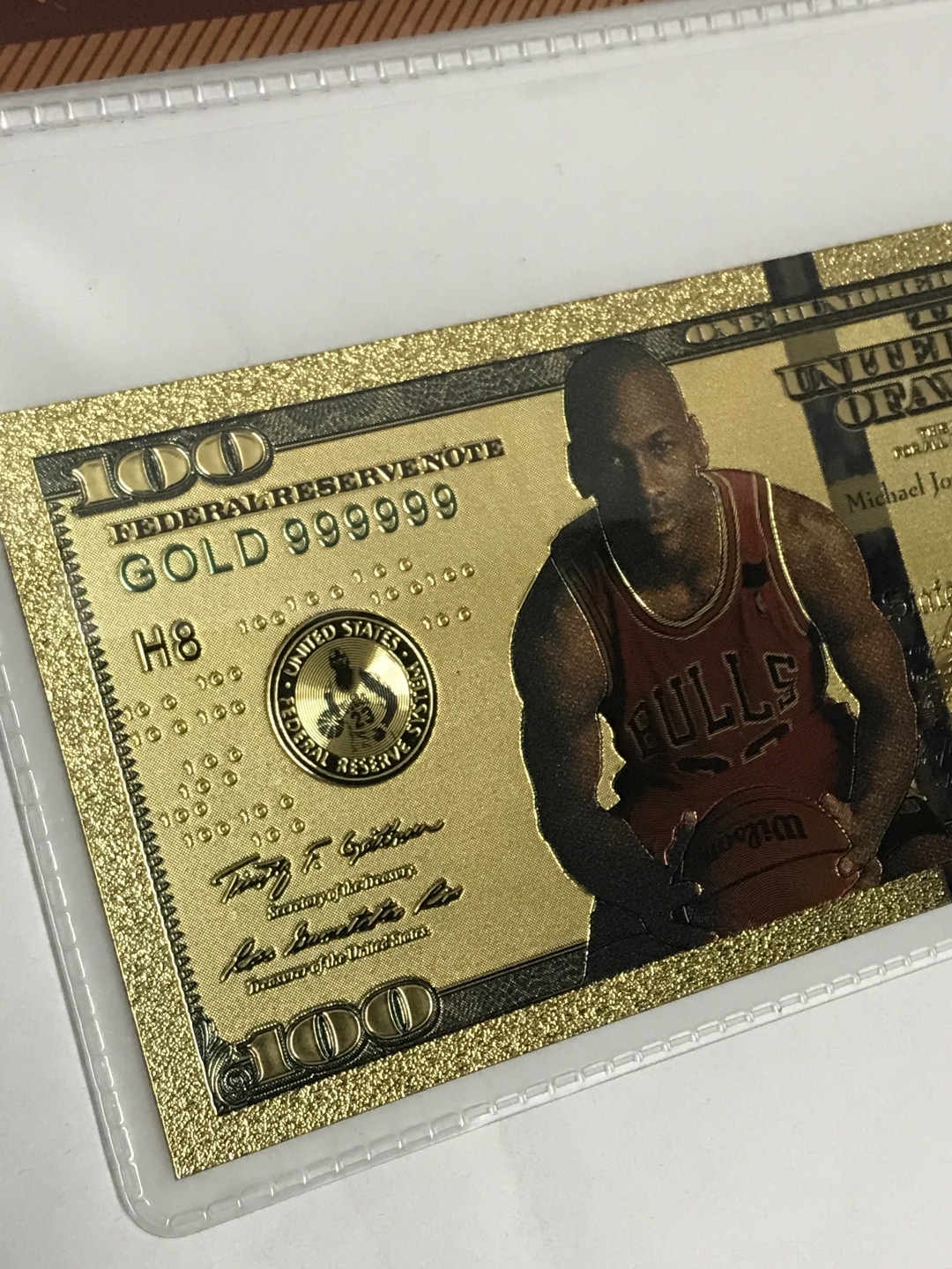 零元拍：乔丹 篮球之神 24K真金（镀金）面值$100美元美钞金面纪念品 GOLD BANKNOTE 带钱币封装膜认证 公牛选图 红色球衣版