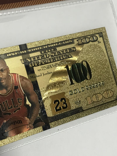 零元拍：乔丹 篮球之神 24K真金（镀金）面值$100美元美钞金面纪念品 GOLD BANKNOTE 带钱币封装膜认证 公牛选图 红色球衣版