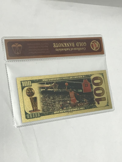 零元拍：乔丹 篮球之神 24K真金（镀金）面值$100美元美钞金面纪念品 GOLD BANKNOTE 带钱币封装膜认证 公牛选图 红色球衣版