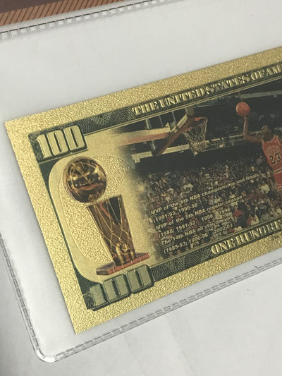零元拍：乔丹 篮球之神 24K真金（镀金）面值$100美元美钞金面纪念品 GOLD BANKNOTE 带钱币封装膜认证 公牛选图 红色球衣版