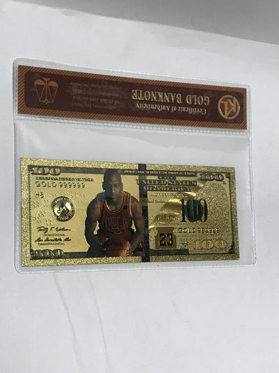 零元拍：乔丹 篮球之神 24K真金（镀金）面值$100美元美钞金面纪念品 GOLD BANKNOTE 带钱币封装膜认证 公牛选图 红色球衣版