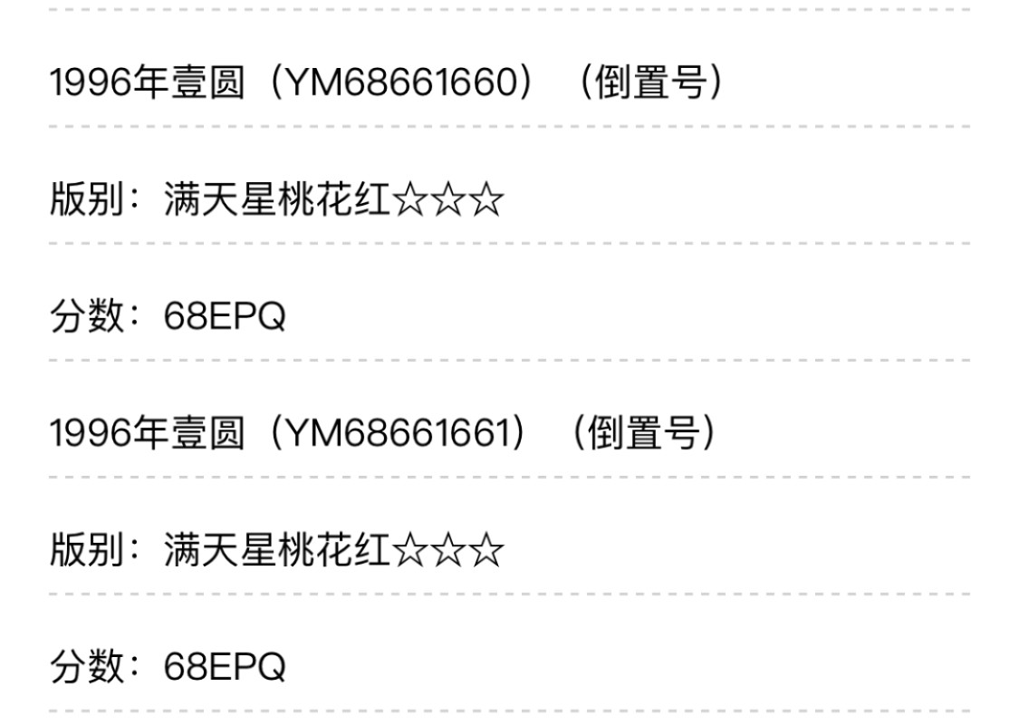 小骏钱币 961满天星桃花红倒置号一刀，67+亚军分，68E34张，尾666豹子
