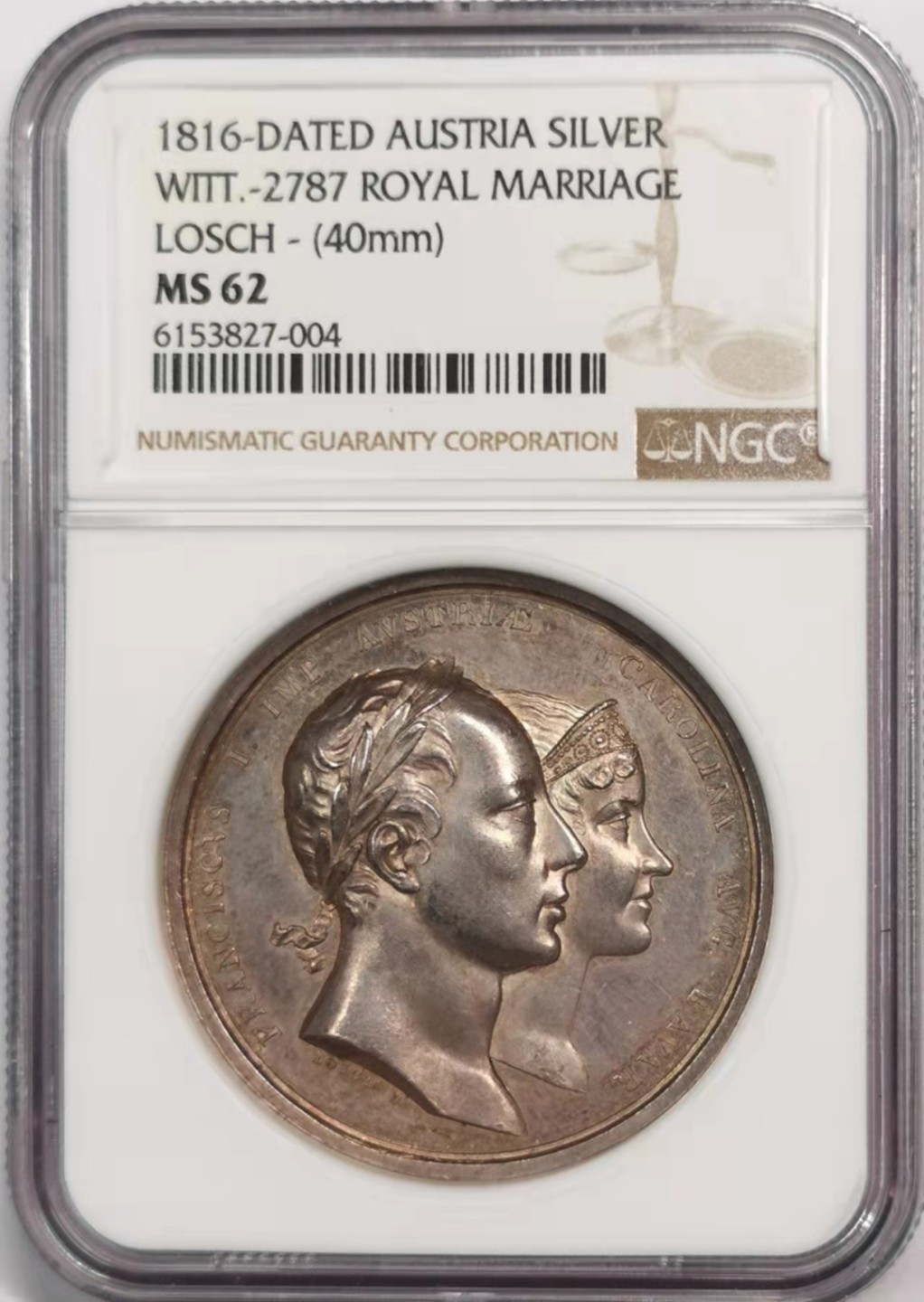凡希社世界钱币微拍第一百八十八期 稀！1816奥地利皇帝大婚纪念银章NGC-MS62原铸！