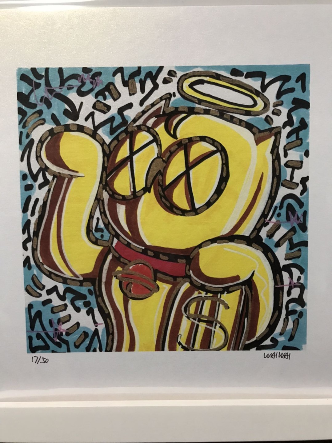 零元拍：歪歪亲笔签名 OWSON系列限量插画复制画《招财猫》，尺寸约22/22厘米，拍品不含镜框