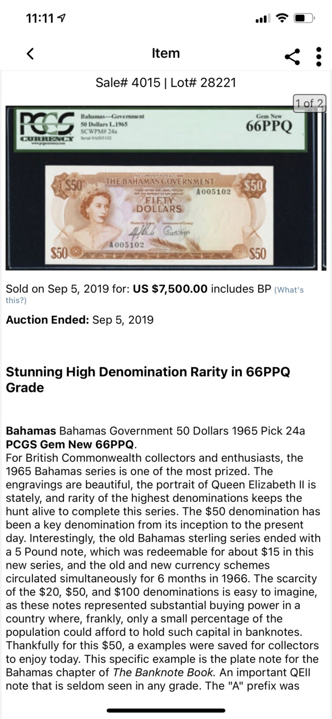 Chase Auction 第1期 - -世界纸币精萃 1974年巴哈马20刀，PMG65，青年女王！经典彩背！