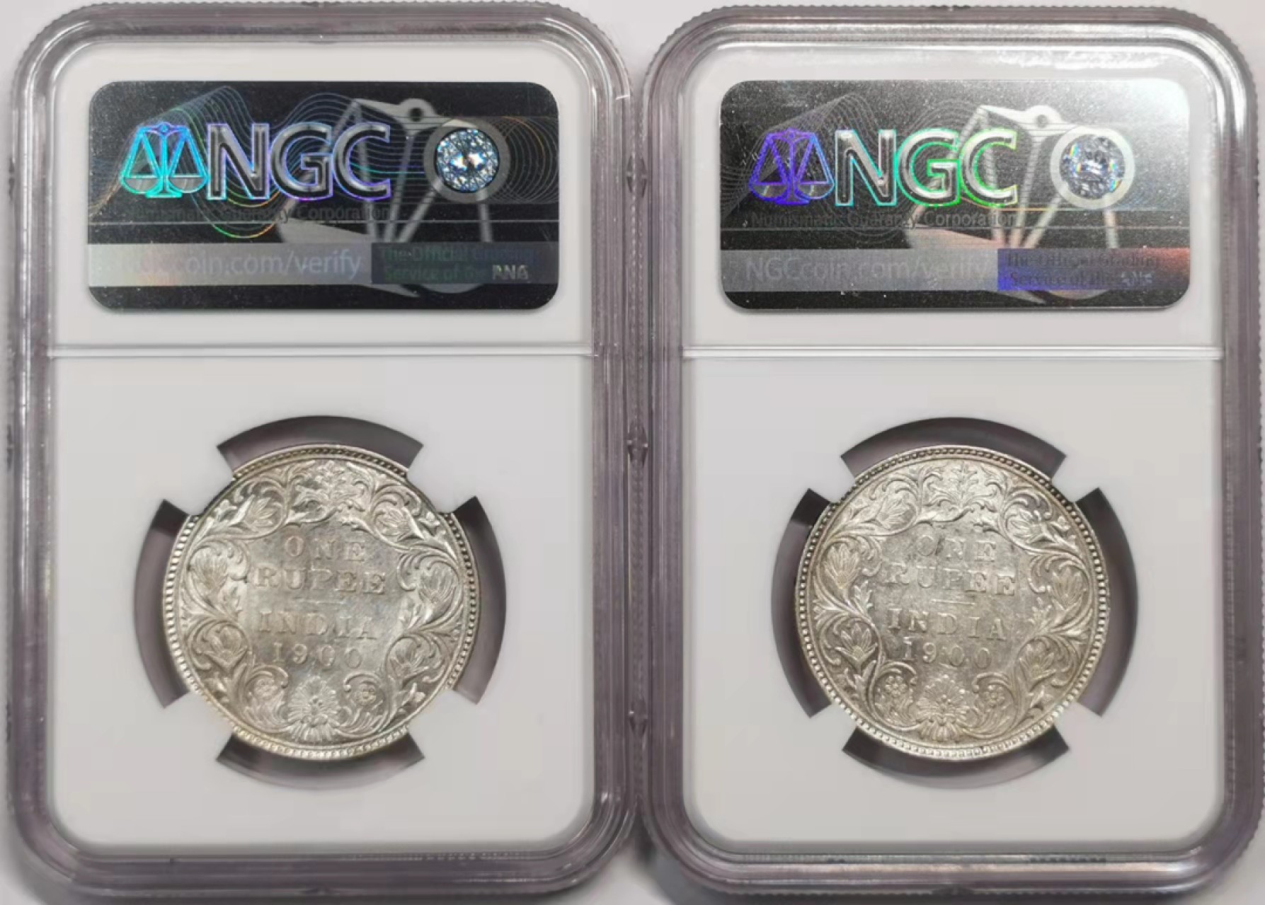 凡希社世界钱币微拍第一百八十八期 1900/01小维卢比一对NGC-AU55/58