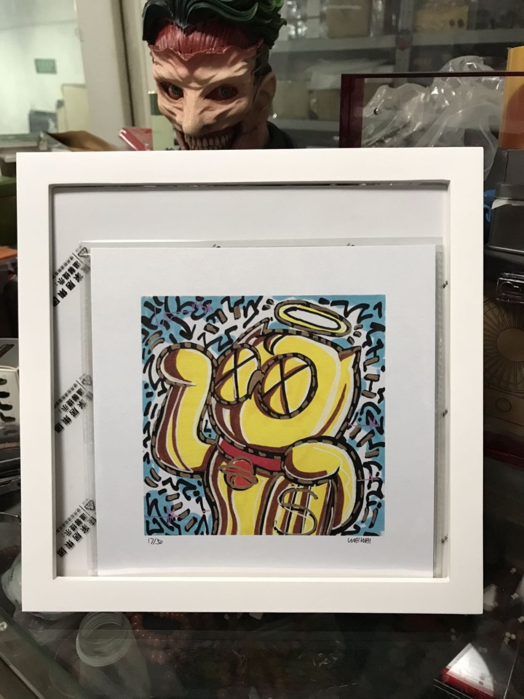零元拍：歪歪亲笔签名 OWSON系列限量插画复制画《招财猫》，尺寸约22/22厘米，拍品不含镜框