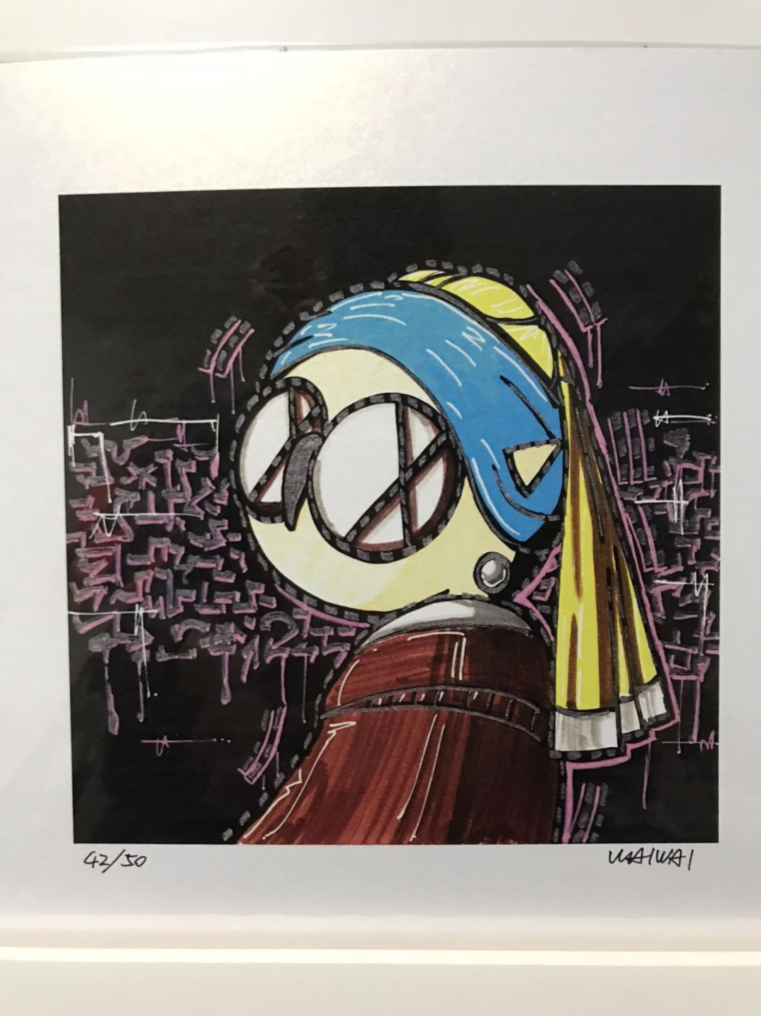 零元拍：歪歪亲笔签名 OWSON系列限量插画复制画《戴珍珠耳环的少女》，尺寸约22/22厘米，拍品不含镜框