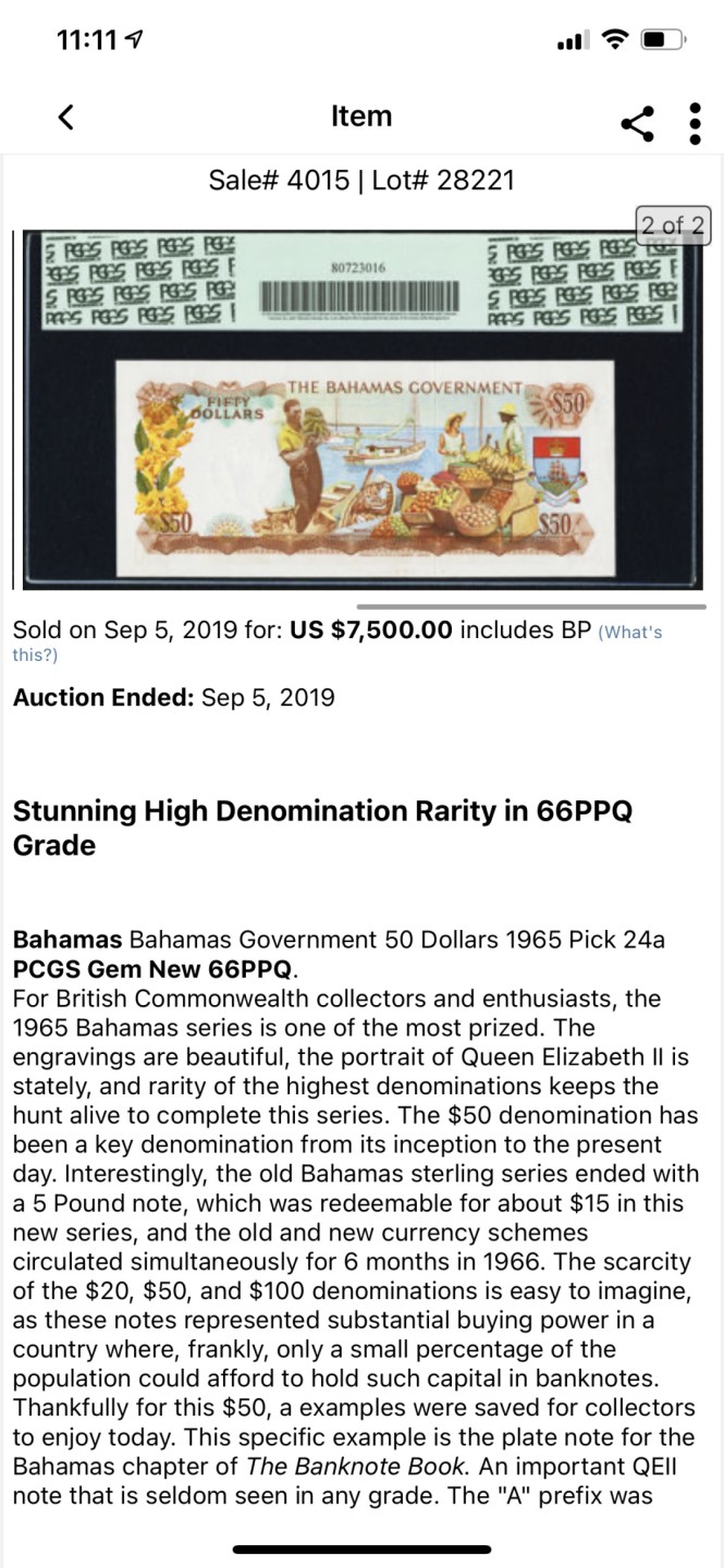 Chase Auction 第1期 - -世界纸币精萃 1974年巴哈马20刀，PMG65，青年女王！经典彩背！