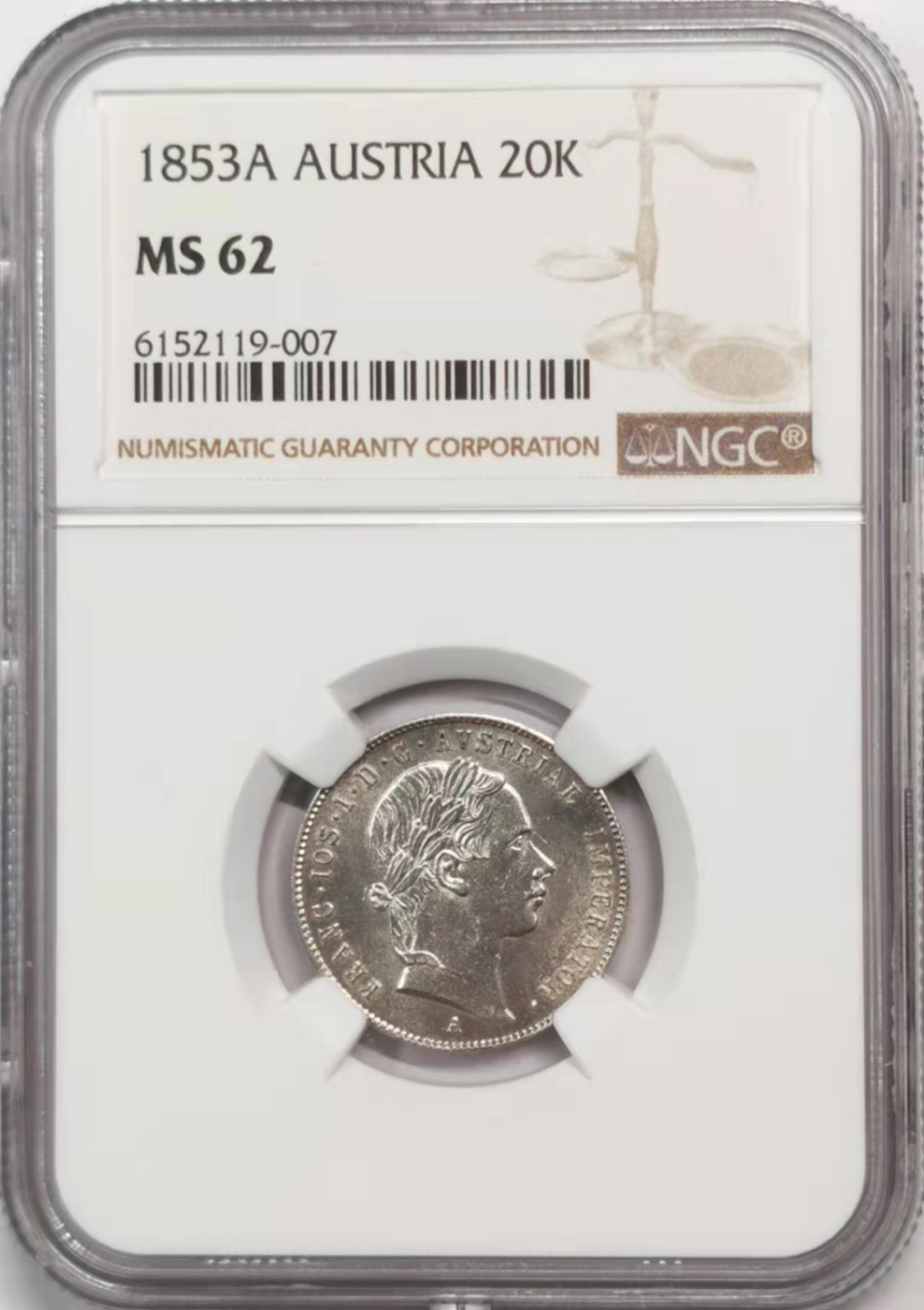 凡希社世界钱币微拍第一百八十八期 1853A奥地利20K NGC-MS62年轻头像