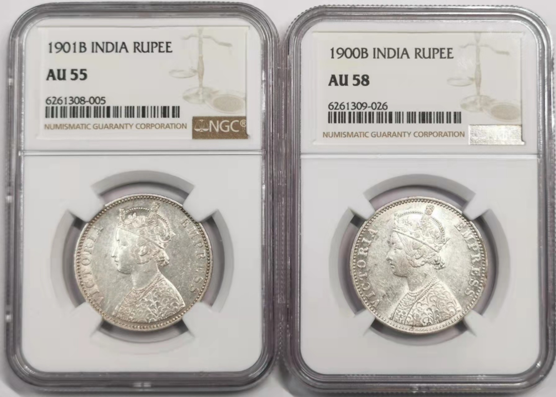 凡希社世界钱币微拍第一百八十八期 1900/01小维卢比一对NGC-AU55/58