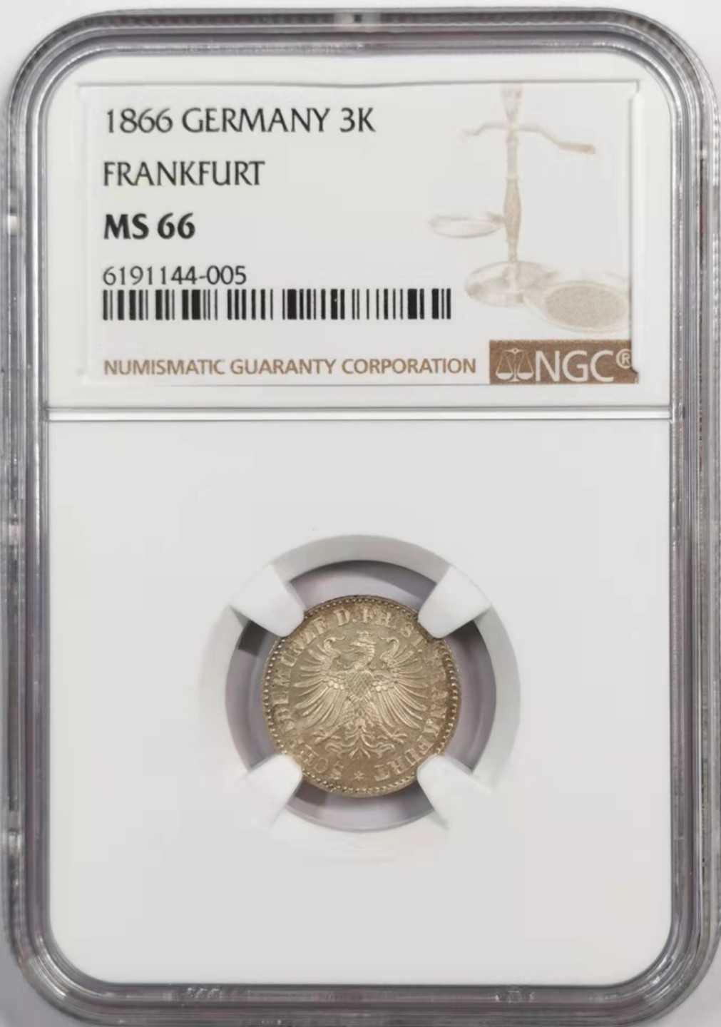 凡希社世界钱币微拍第一百八十八期 1866法兰克福3K银辅币NGC-MS66高分难得！
