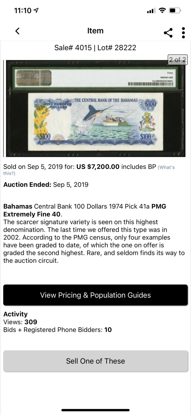 Chase Auction 第1期 - -世界纸币精萃 1974年巴哈马20刀，PMG65，青年女王！经典彩背！