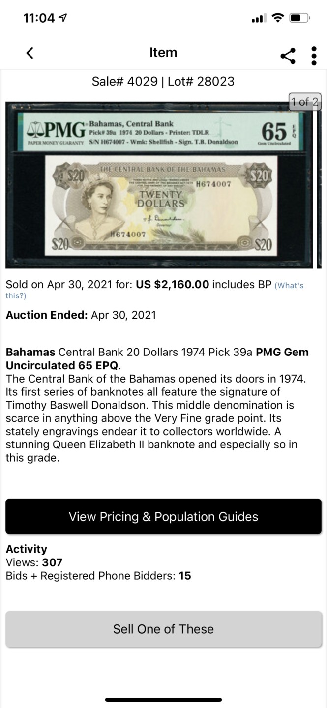 Chase Auction 第1期 - -世界纸币精萃 1974年巴哈马20刀，PMG65，青年女王！经典彩背！