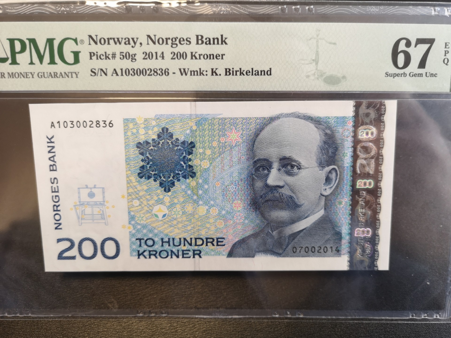 《外钞收藏家》第一百六十五期拍卖（本期80件） 2014年挪威100克朗 PMG67 无47