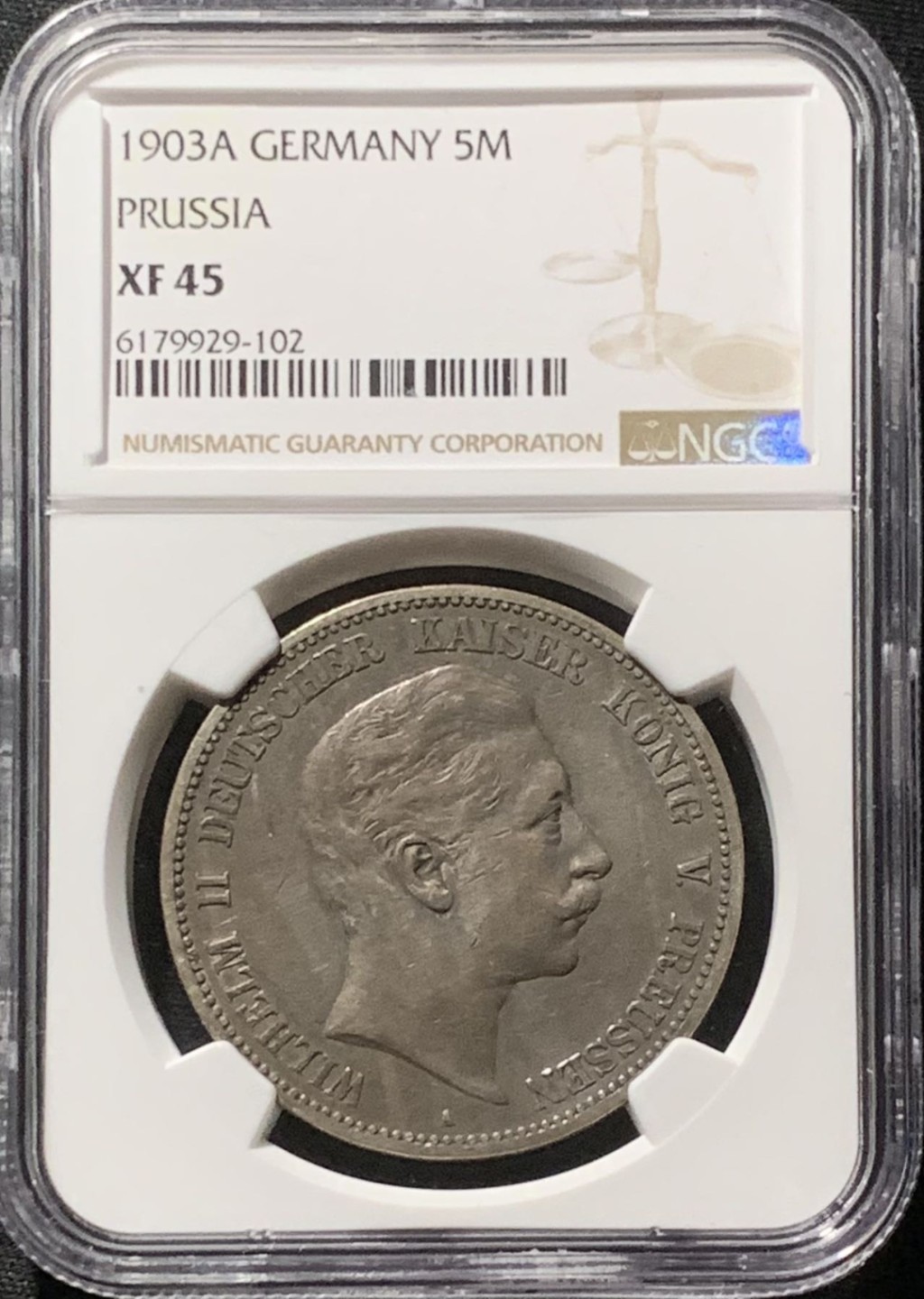 紫瑗钱币——第324期拍卖 德国 普鲁士 1903年 A版 威廉二世 5马克 银币 NGC XF45