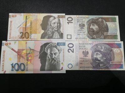 《外钞收藏家》第一百六十四期拍卖（本期100件） - 斯洛文尼亚和波兰 共4张 全新UNC