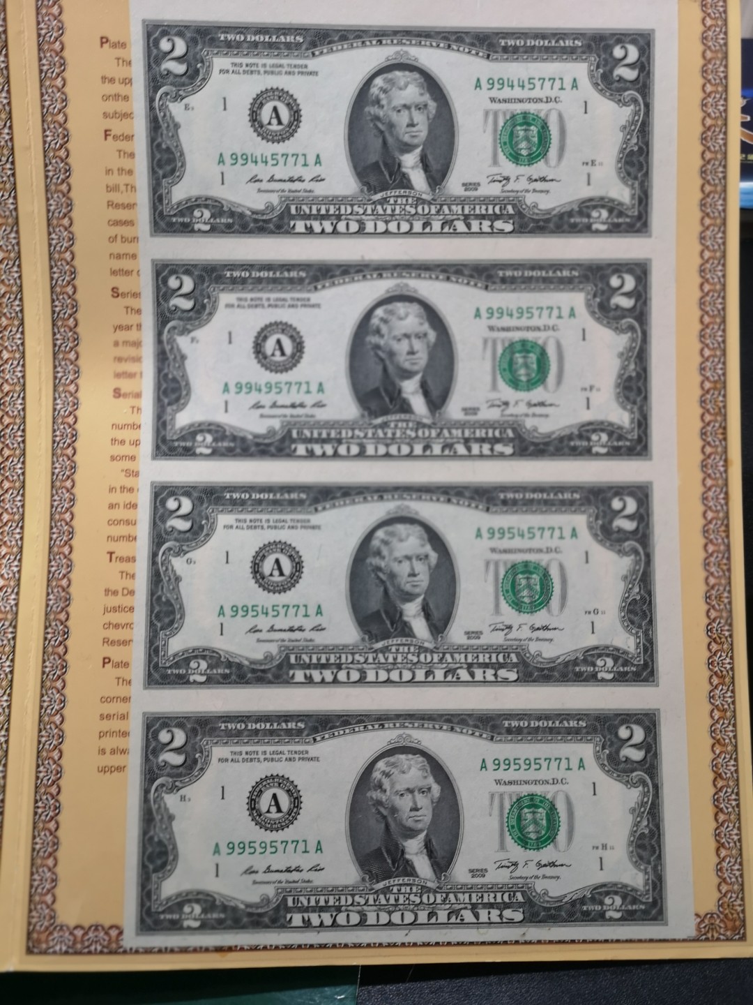 《外钞收藏家》第一百六十四期拍卖（本期100件） 2美元4连体 原装册子