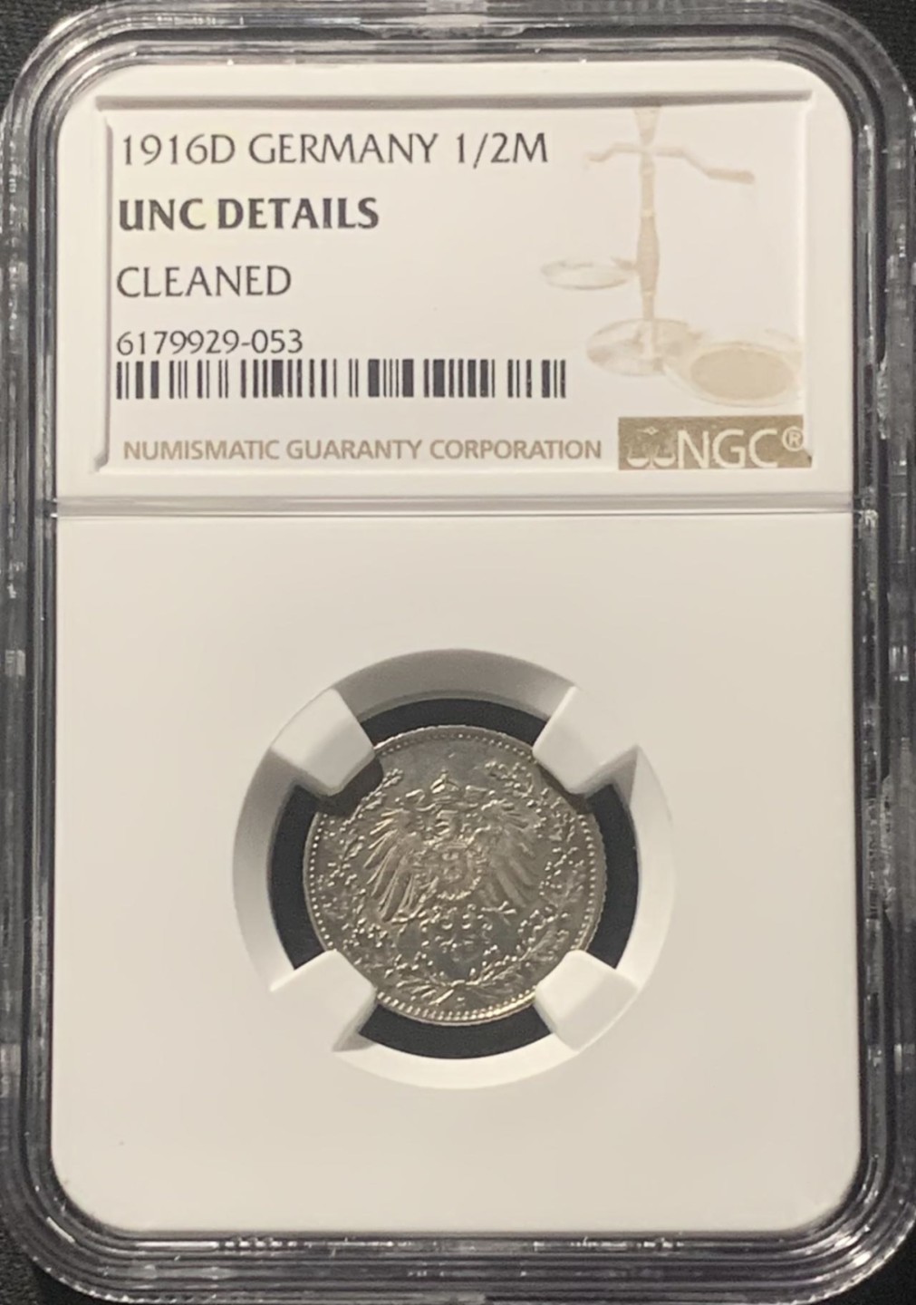紫瑗钱币——第207期拍卖 德国 1916年 D版 第二帝国 1/2马克 银币 NGC UNC Detail