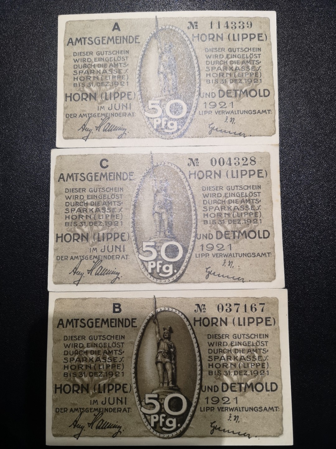 《外钞收藏家》第一百六十四期拍卖（本期100件） 德国1921年50芬尼 一站紧急钞 三枚 近全新