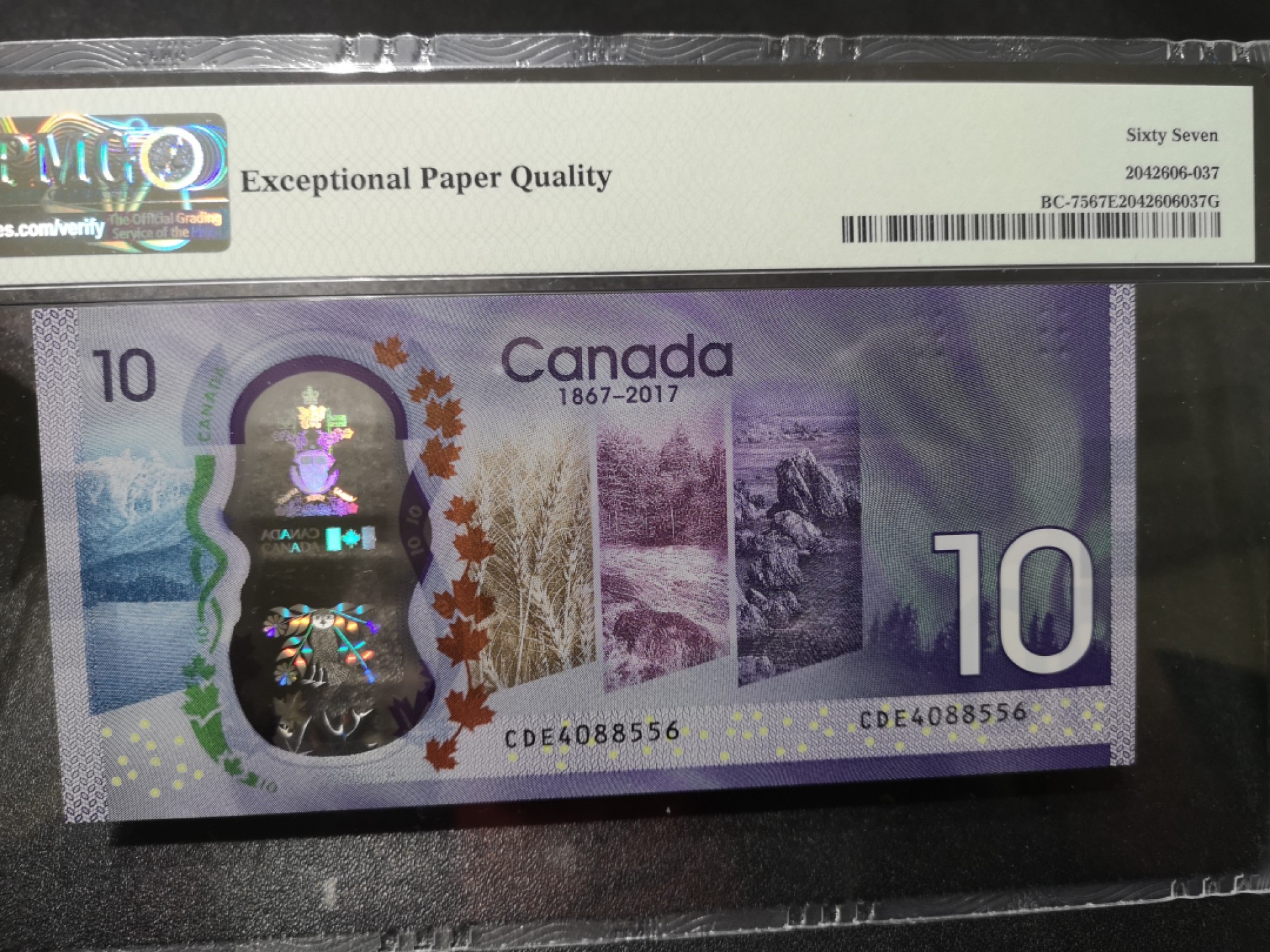 《外钞收藏家》第一百六十四期拍卖（本期100件） 2017加拿大10元 纪念钞 PMG67