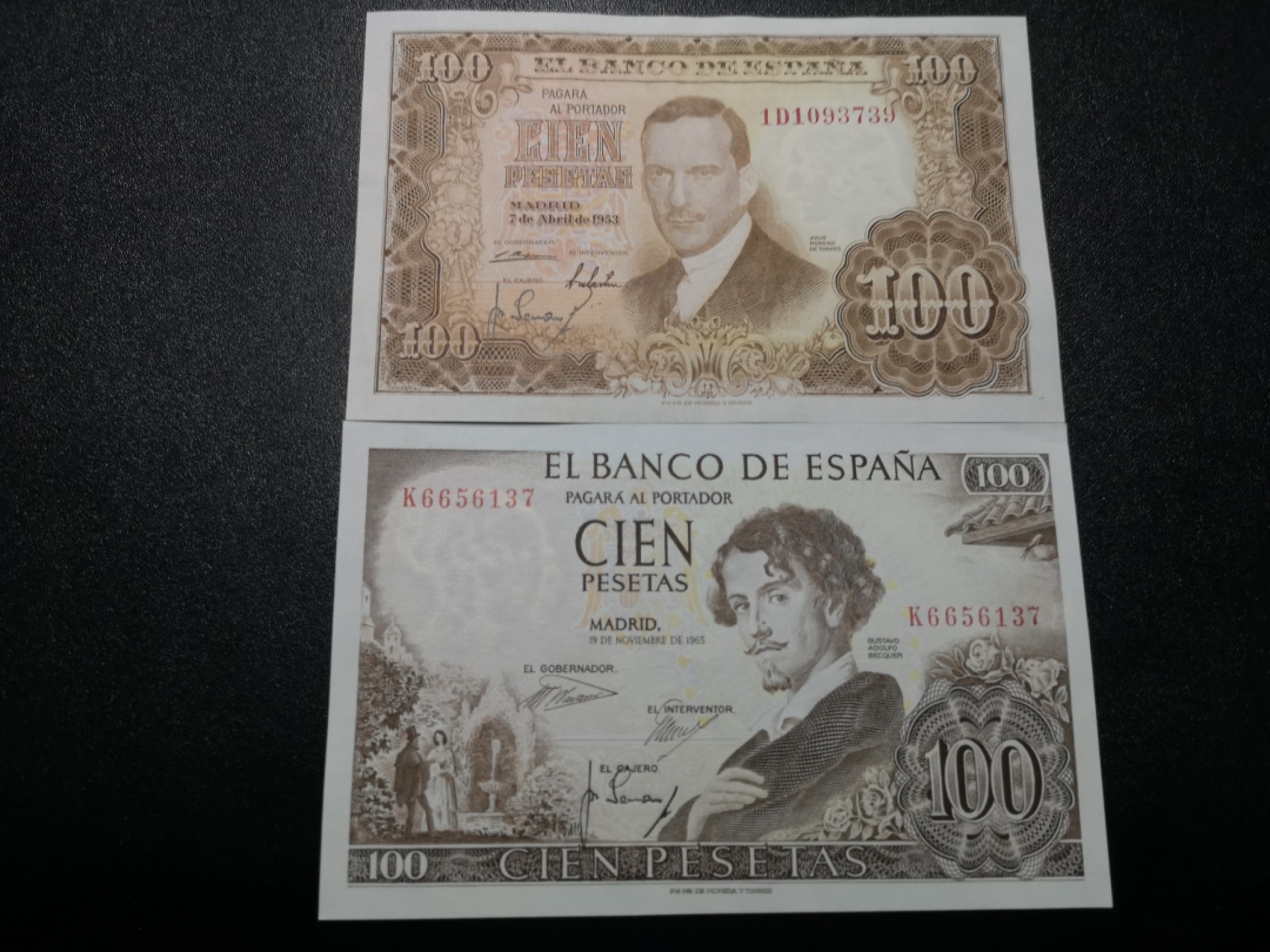 《外钞收藏家》第一百六十四期拍卖（本期100件） 1953西班牙100比塞塔 AU品相、1965年100比塞塔 近全新