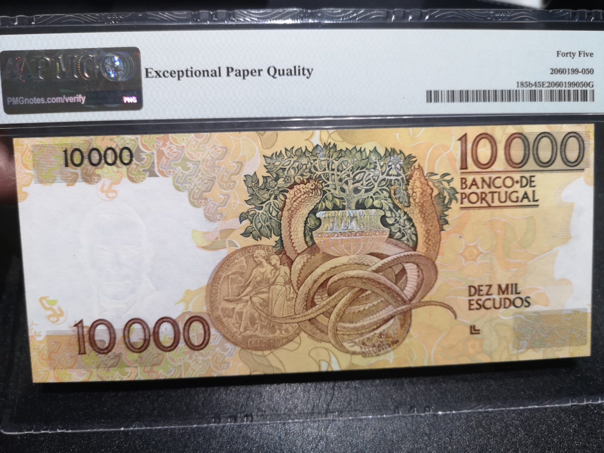 《外钞收藏家》第一百六十四期拍卖（本期100件） 1989年葡萄牙1000埃斯库多 PMG45 有个软折 分数给的偏低