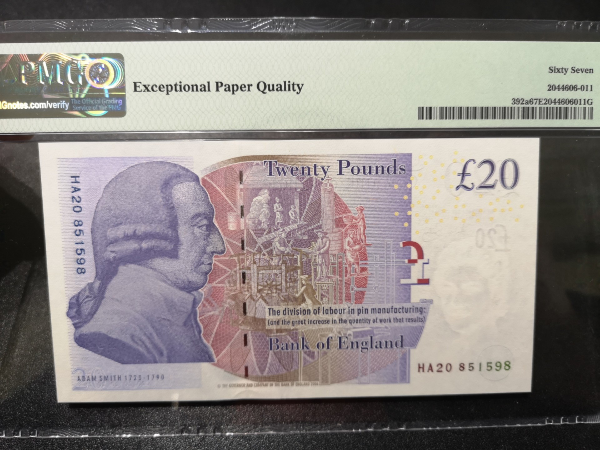 《外钞收藏家》第一百六十四期拍卖（本期100件） 2006年英国F序列20镑 PMG67 无47尾8