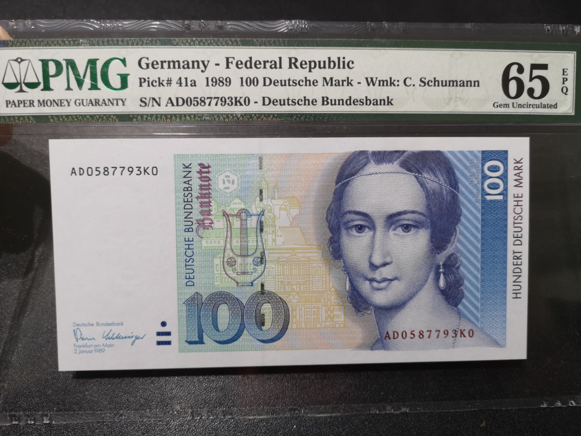 《外钞收藏家》第一百六十四期拍卖（本期100件） 1989年德国100马克 克拉拉 PMG65