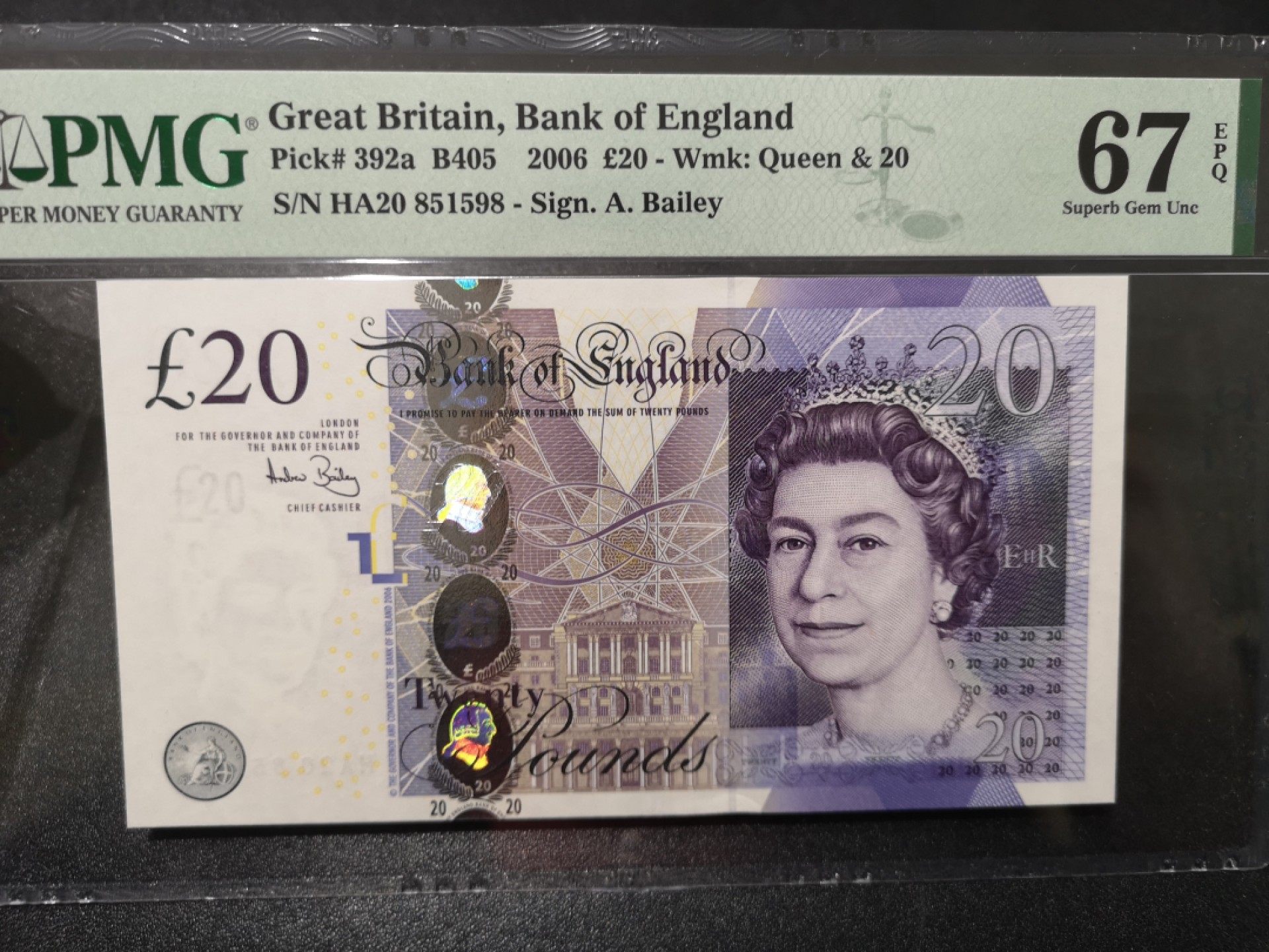 《外钞收藏家》第一百六十四期拍卖（本期100件） 2006年英国F序列20镑 PMG67 无47尾8