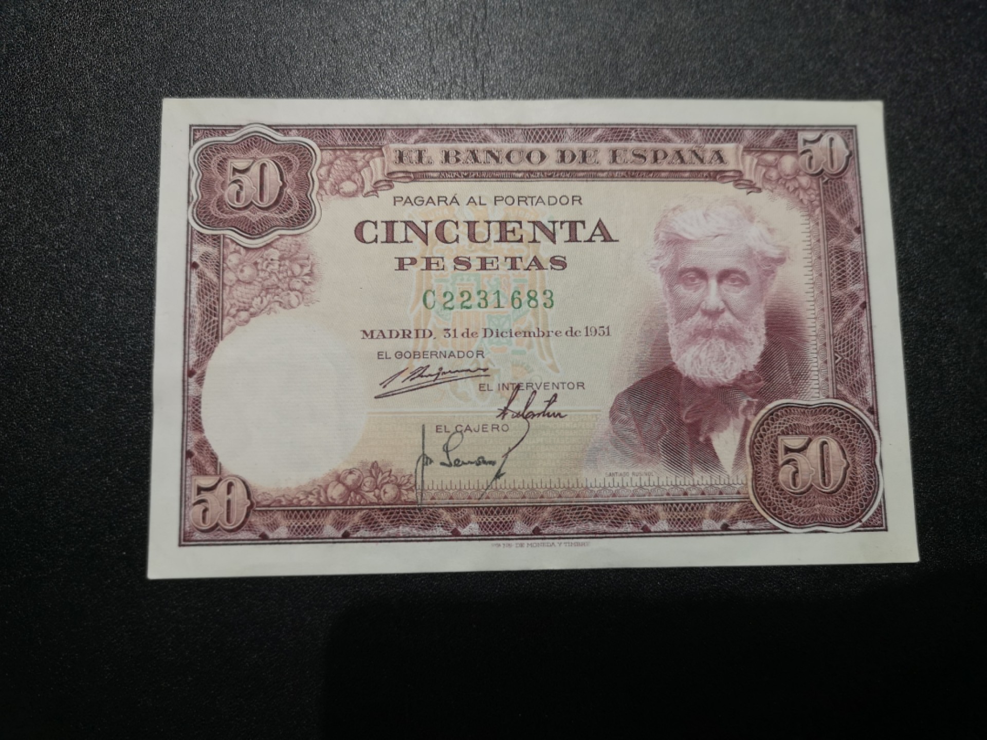 《外钞收藏家》第一百六十四期拍卖（本期100件） 1951年西班牙50比塞塔 AU品相