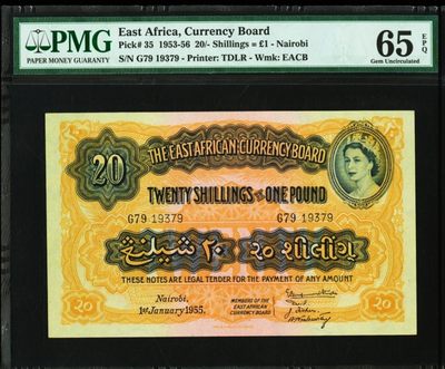 【Blue Auction】✨世界纸币精拍第158期——戏剧家莫里哀（共76拍）  - 英属东非 1953～56年20先令 大冠女王 背面狮子 PMG65EPQ 