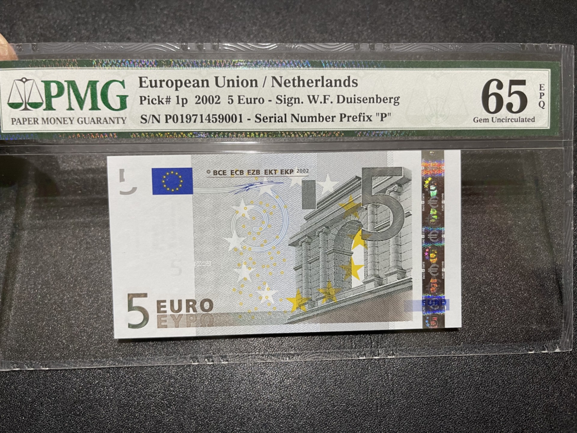 《外钞收藏家》第一百六十四期拍卖（本期100件） 2002年 一签 5欧元  PMG65 荷兰版 001尾