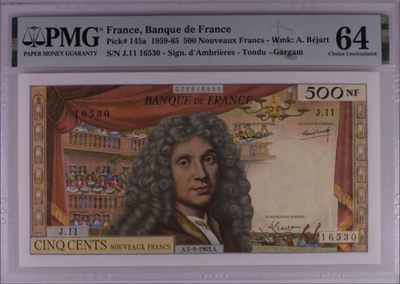 【Blue Auction】✨世界纸币精拍第158期——戏剧家莫里哀（共76拍）  - 法国 1959～65年 500新法郎 经典莫里哀 PMG64 非常漂亮