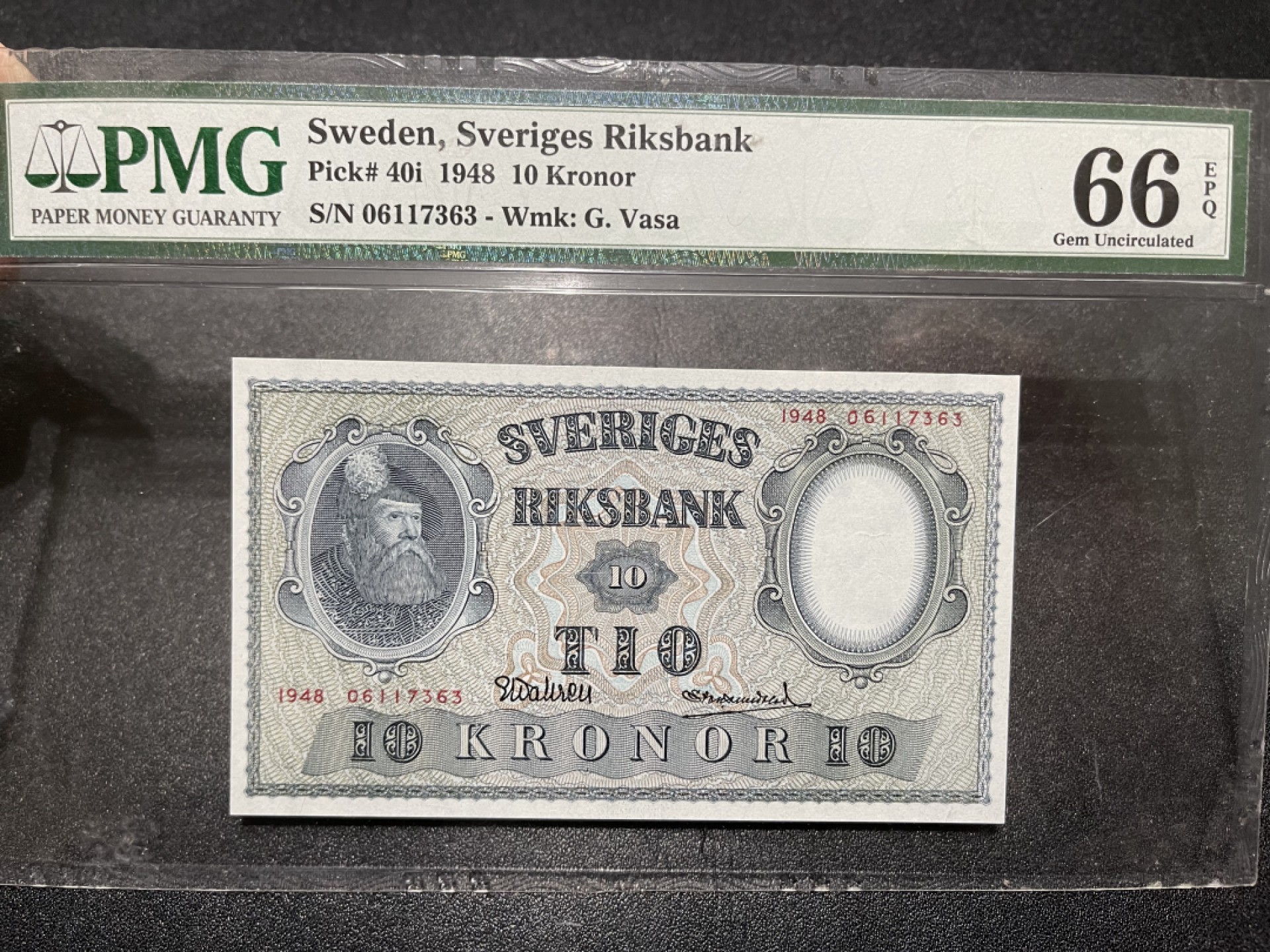 《外钞收藏家》第一百六十四期拍卖（本期100件） 1948年瑞典10克朗 PMG66